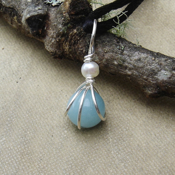 Very Small Amazonite Pendant With Pearl Pendant Necklace, Sterling Silver Wire Wrapped