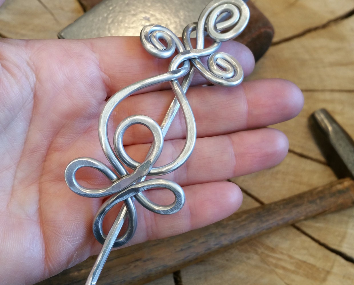 Celtic Budding Spiral Aluminum Shawl Pin, for Knitted or Crocheted Scarf Pin, Sweater Brooch, Handmade in Oregon,USA