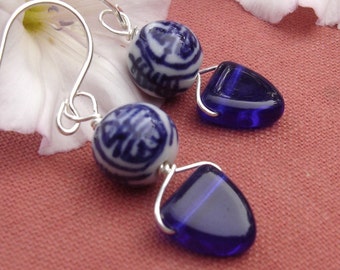 Chinese Porcelain Cobalt Blue Earrings, Dangle Earrings, Cobalt Blue Glass Earrings, Asian Jewelry, Beads, Women, Gift for Her