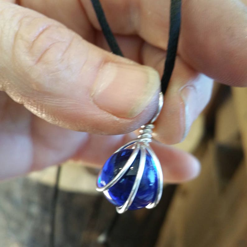 Cobalt Blue Glass Marble Necklace Wire Wrapped Sterling Silver Etsy UK