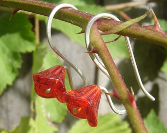 Long Stem Berry Red Glass Flower Earrings, Sterling Silver Wire Czech Glass Jewellery, Spring Flower Jewelry