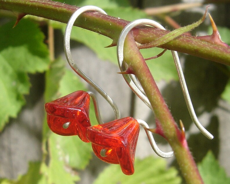 Long Stem Berry Red Glass Flower Earrings, Sterling Silver Wire Czech Glass Jewellery, Spring Flower Jewelry image 1