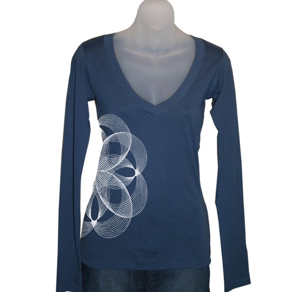 Sea Blue Vneck Geometric Lines Long Sleeve