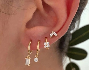 Juego de pendientes de oro de 4 piezas, pendientes de todos los días, juego de pendientes minimalista delicado, juego de pendientes para múltiples piercings, pendientes de aro Huggie