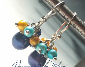 Navy Robins Egg Blue Yellow Gold Ochre Earrings Freshwater Pearls STERLING SILVER Beaded Tri Color