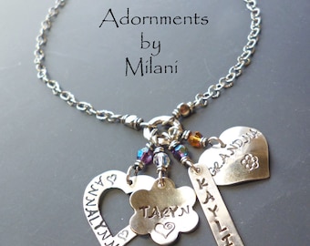 Eclectic Grandma Necklace Four 4 Grandchildren Kids Names Personalized Sterling Silver Mother