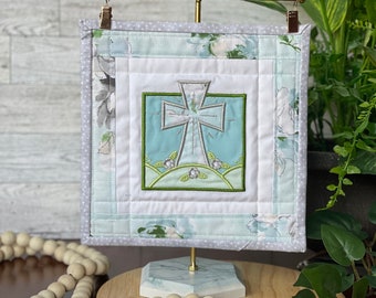 Applique Embroidered Cross Mini Quilt | Faith Based Decor |Table Top Decor