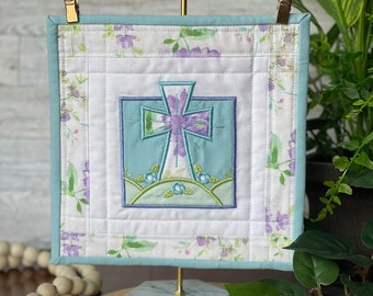 Applique Embroidered Cross Mini Quilt | Faith Based Decor |Table Top Decor