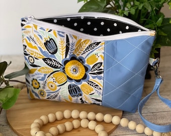 black gold blue floral zippered bag | small project bag | crochet project bag | notion bag | accessories bag