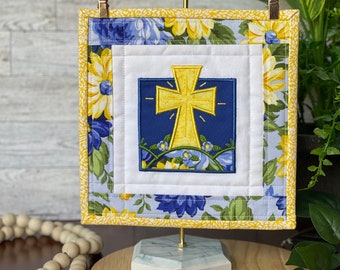 Applique Embroidered Cross Mini Quilt | Faith Based Decor | religious home & Decor