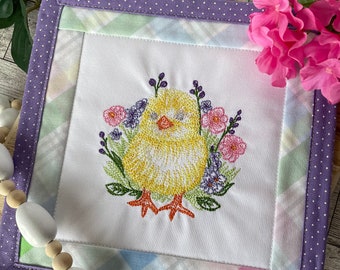 Embroidered Chick in Garden Easter Tabletop Decor | Embroidered Mini Quilt