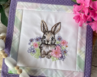 Embroidered Bunny in Garden Easter Tabletop Decor | Embroidered Mini Quilt