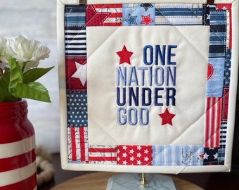 One Nation Under God | Patriotic Tabletop Decor | Memorial Day 4th of July Labor Day Decor | Embroidered Mini Quilt | Patriotic Tier Tray