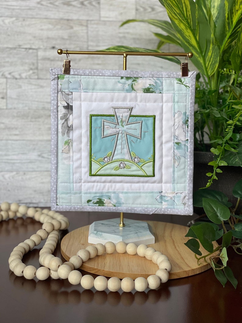 Applique Embroidered Cross Mini Quilt Faith Based Decor Table Top Decor image 1