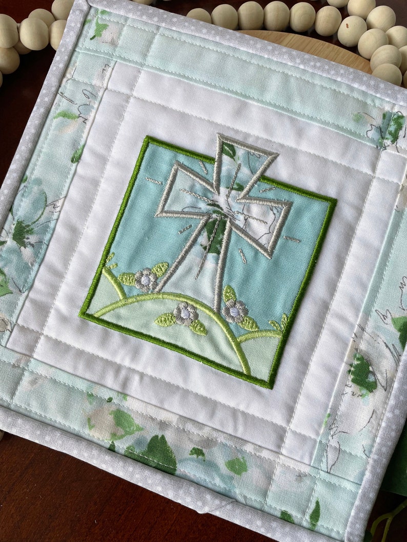 Applique Embroidered Cross Mini Quilt Faith Based Decor Table Top Decor image 2