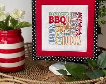 Summer Subway art  - Backyard BBQ decor | Summer BBQ Table Decor | Summer Tier Tray Decor | Burgers Hotdogs decor | Embroidered Mini Quilt