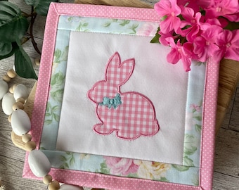 Pink Gingham Bunny Tabletop Farmhouse Decor | Embroidered Mini Quilt