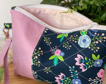 navy pink floral zippered bag | small project bag | crochet project bag | notion bag | accessories bag | cosmetics bag
