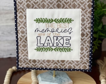 Memories Are Made at The Lake decor | Lake House Tiered Tray Decor | Lake house quilt | Lake house decorating idea | Embroidered Mini Quilt