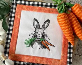 Modern Farmhouse Bunny with Carrots Tabletop Decor | Embroidered Mini Quilt