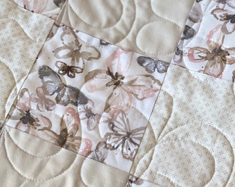 Baby Girl Toddler handmade quilt with butterflies | It's a Girl peach grey cream | baby play quilt for sale