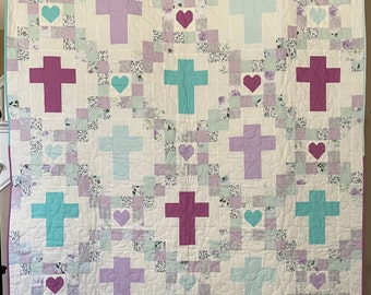 Handmade quilt with crosses and hearts | Cross Quilt for sale | handmade religious throw lap quilt for sale and ready to ship