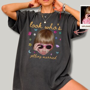 Look Who’s Getting Married Shirt, Custom Bride Photo Tee, Bedazzled Rhinestone Effect Wedding Shirt, Personalized Bachelorette Tee
