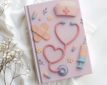 May include: A purple notebook with a variety of medical-themed illustrations, including a stethoscope, a bandage, a syringe, and a nurse's hat.