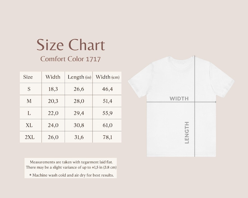 Op de afbeelding: Een wit t-shirt met een maattabel. De tabel toont de afmetingen voor de maten S tot 2XL, inclusief breedte in inches en centimeters, en lengte in inches. De tekst luidt "Size Chart" en "Comfort Color 1717".