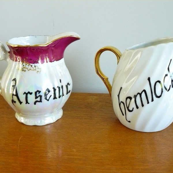 Arsenic and Hemlock hand painted vintage creamers or milk jugs recycled poisonous china halloween