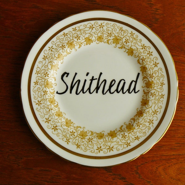 Shithead hand painted vintage plate with hanger recycled humor display