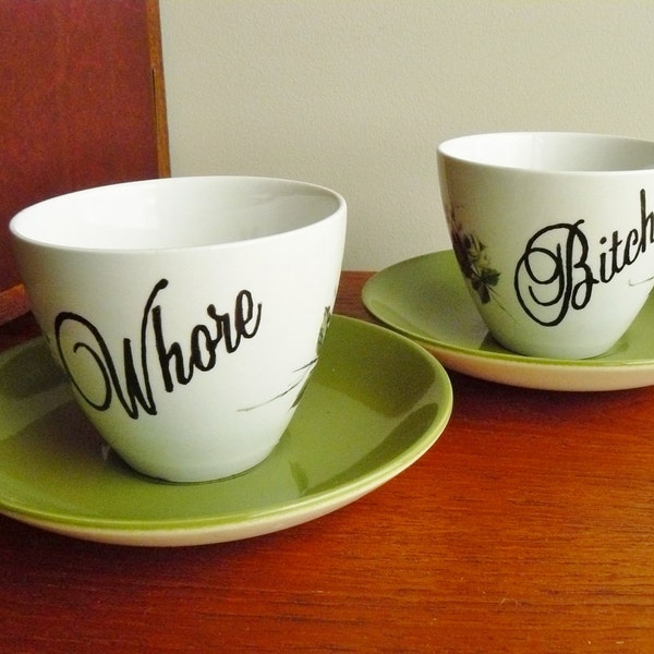 Bitch Whore  hand painted vintage teaset mismatched 50s recycled bad girl teatime humor SALE