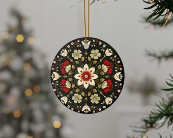 Polskt folkligt vintermönster keramiskt ornament, dubbelsidig juldekoration, slavisk blommig juldekoration, östeuropeisk presentidé