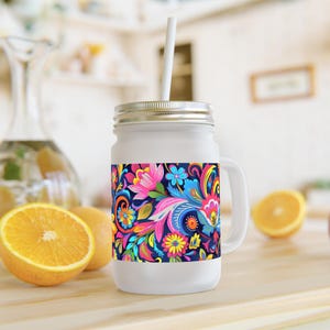 Polsk folkkonst Mason Jar-mugg, färgglad blommig prydnadsmugg, traditionellt slaviskt mönster dricksglas, livfull folklig presentidé