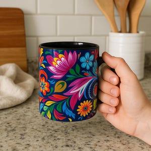 Polish Folk Floral Pattern Ceramic Coffee Cup, Traditional Folk Art Mug, Colorful Flower Design, Eastern European Gift Idea