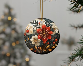 Polskt folkligt vintermönster keramiskt ornament, dubbelsidig juldekoration, slavisk blommig juldekoration, östeuropeisk presentidé