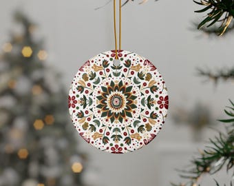 Polskt folkligt vintermönster keramiskt ornament, dubbelsidig juldekoration, slavisk blommig juldekoration, östeuropeisk presentidé