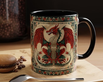 Welsh Red Dragon Mug, Celtic Folk Art Ceramic Cup, Medieval Fantasy Coffee Mug, Wales Gift Idea, Mythical Dragon Lover Gift