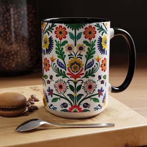 Polskt folkligt blommönster keramisk kaffekopp, traditionell folkkonstmugg, östeuropeisk presentidé geometrisk design