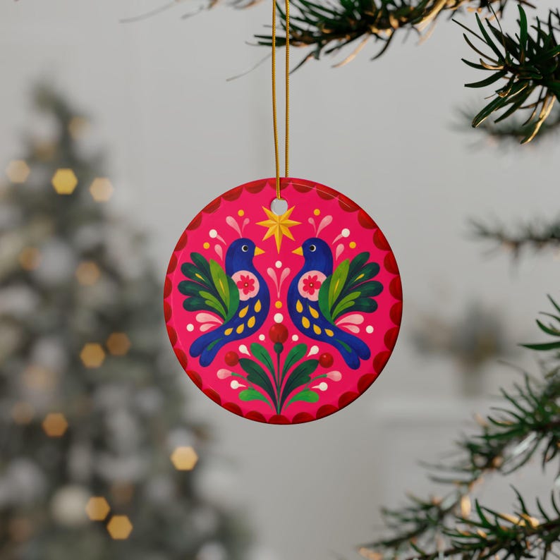 Pink Germany Polish Folk Birds Ceramic Christmas Ornament, Vibrant Pink and Blue ...