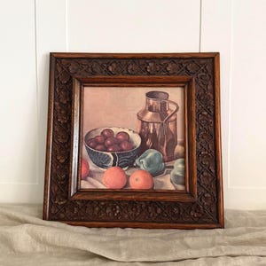 Vintage Mid-Century Wood Framed Still Life Fruit Print by Dutch Artist Henk Bos, Still Life Painting, Framed Oil Painting, Fruit Bowl Art