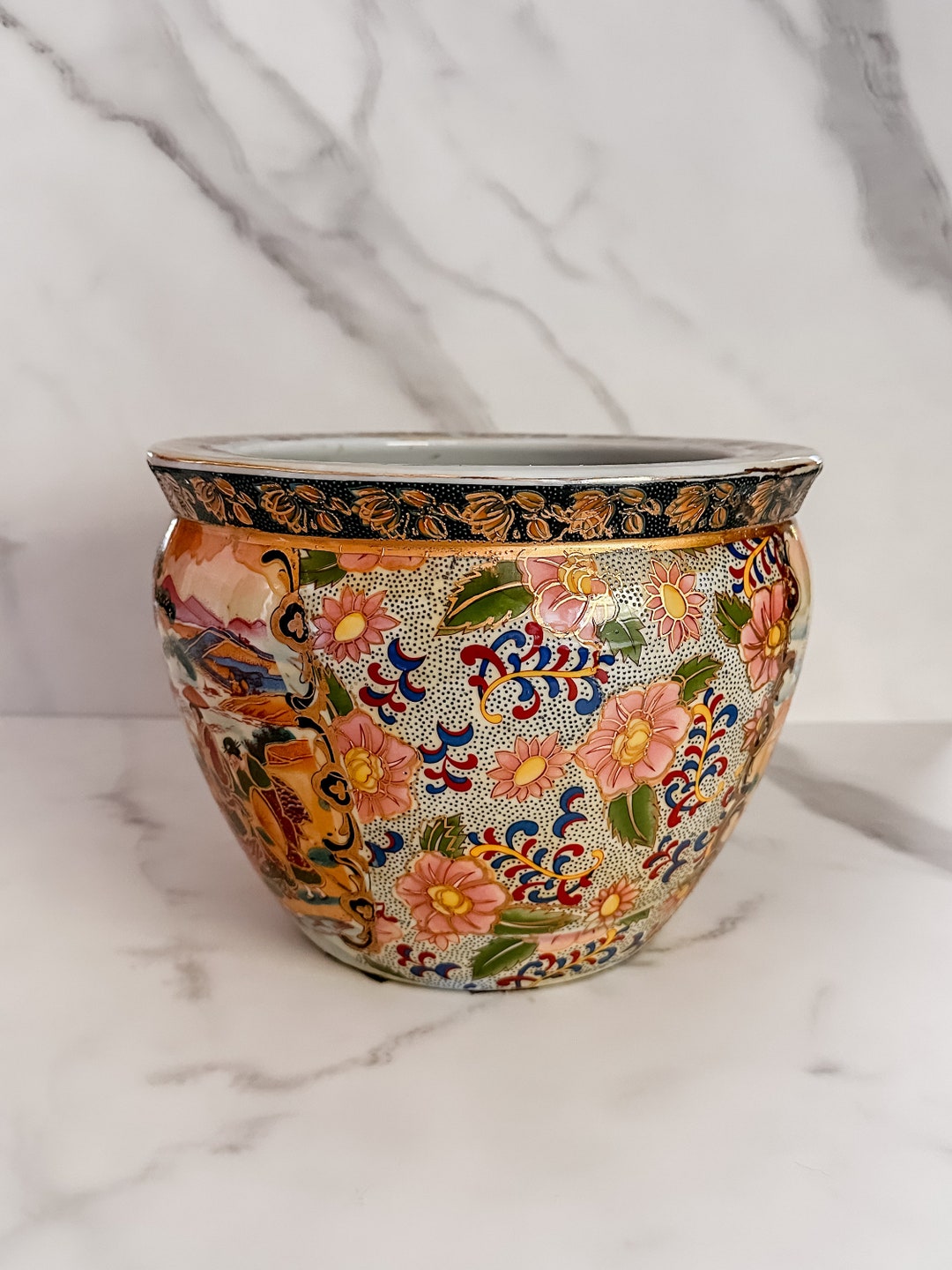 Vintage Satsuma Geisha Fish Bowl Planter Porcelain, Porcelain Fish Bowl Planter, Chinese Fish