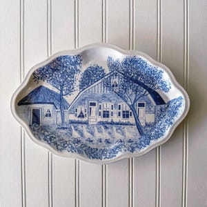 Vintage Hand-Painted Plate: Scalloped Blue and White Gallery Wall Decor