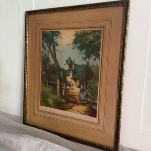 Antique Framed Signed Etching in Color Country Castle by Deboisvray, Antique Etching, Vintage Framed Etching, French Antique Art, Antique