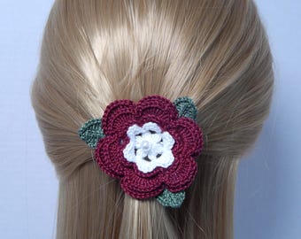 Hand-Crocheted Red Floral Hair Clip – Decor For Hat Bag Or Scarf