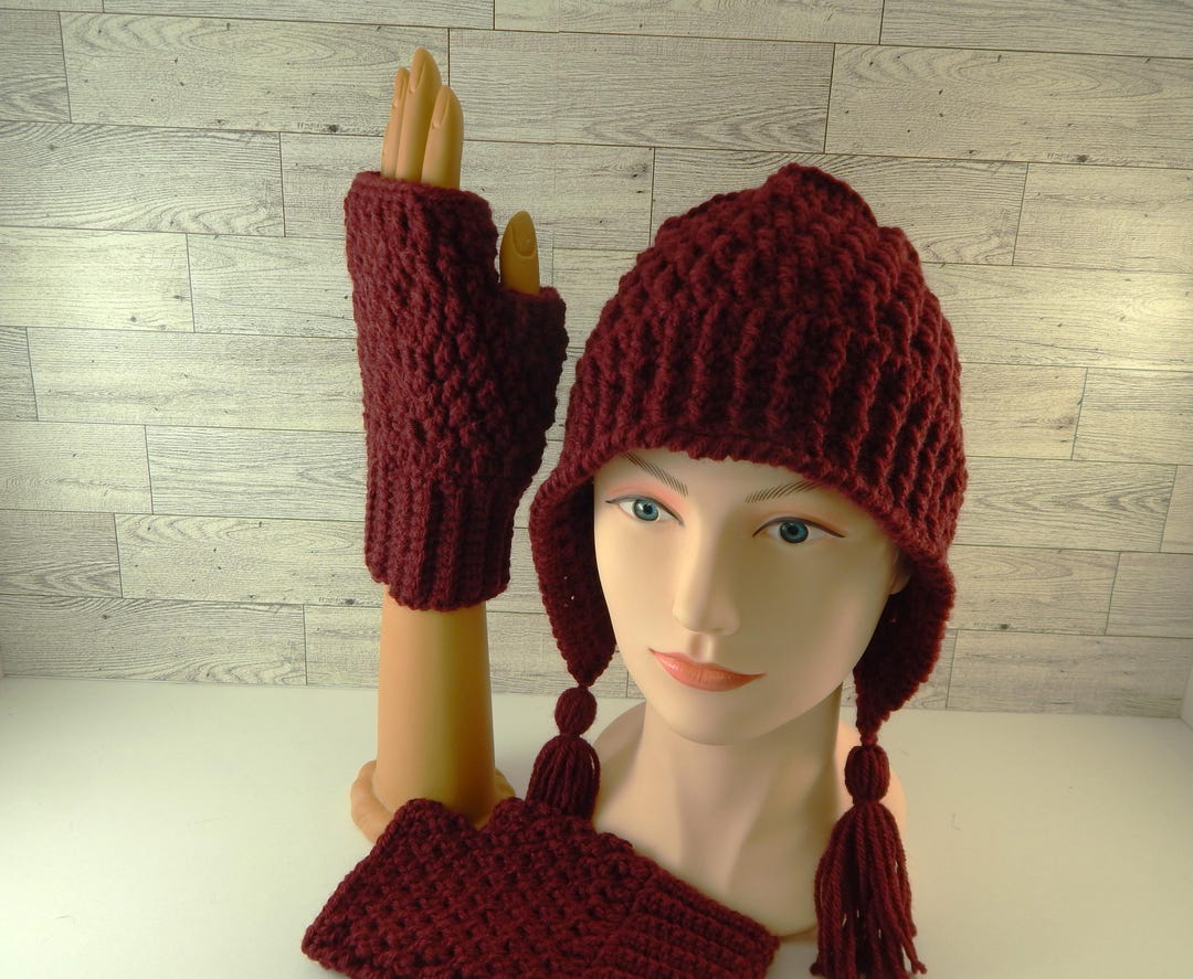 Handmade Burgundy Wool Crochet Hat and Fingerless Gloves Set 