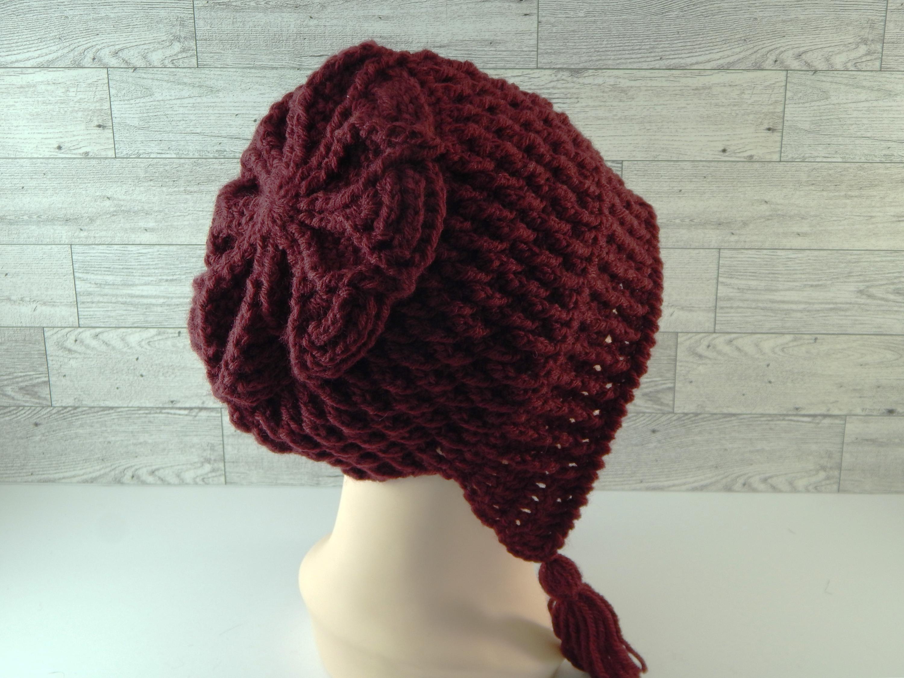 New Crocheted ladies Burgundy hat with matching fingerless/texting gloves, Child Slouch Hat and Glove Set - Crochet Winter Set for  main image 2