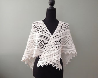 Handmade Crochet Cotton Blend Shawl, Natural White Lace Wrap, Boho Wedding Scarf, Lightweight Summer Shawl, Elegant Gift for Her