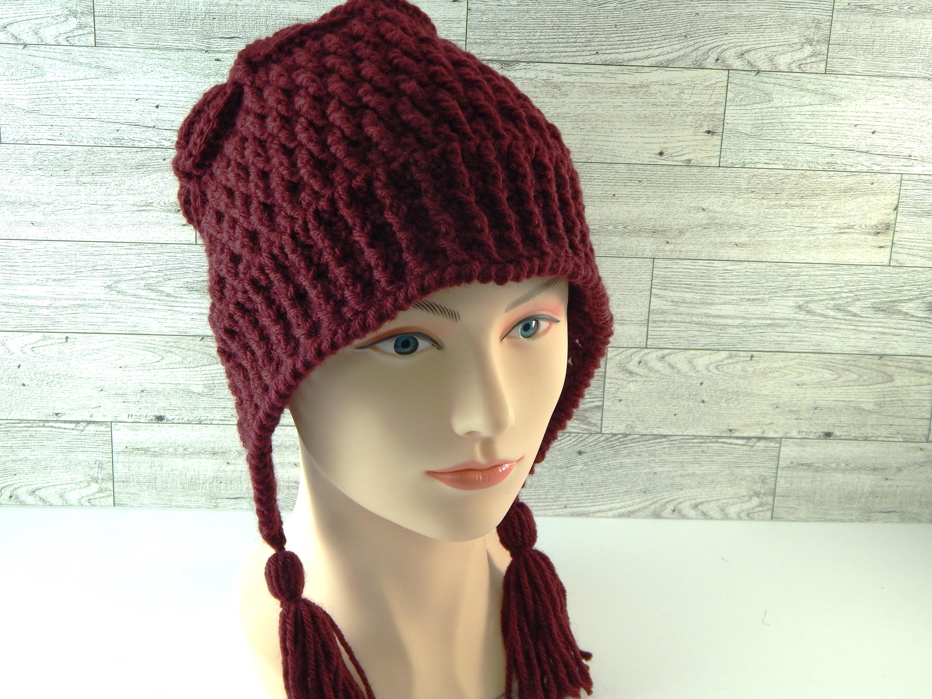 Handmade Burgundy Wool Crochet Hat and Fingerless Gloves Set  display picture 1