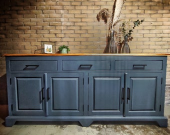 Buffet vintage antique bleu-gris 200x48x90cm | Rénové | Bois de cerisier | Armoire